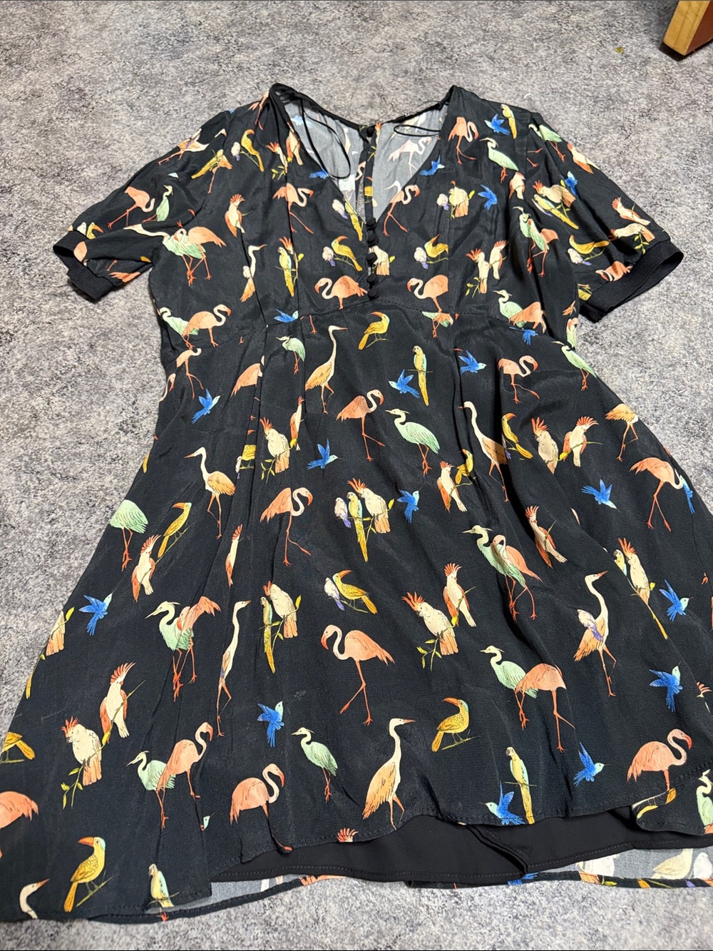 ZARA Black Dress with Coral, Mint, Yellow and Teal Bird Motifs